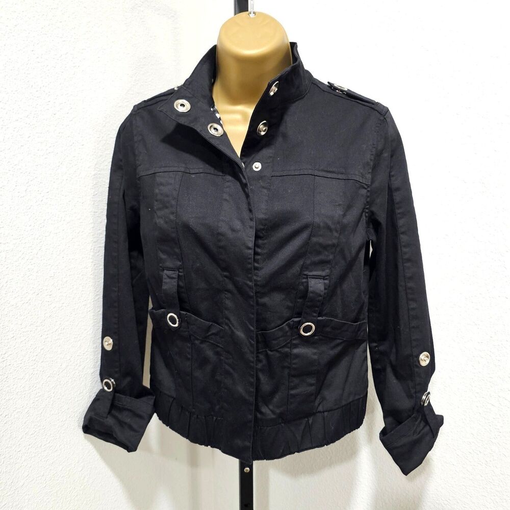 Cyber Moto Black Jacket Women's Medium Stretchy Pockets Snaps Edgy Rocker Biker
